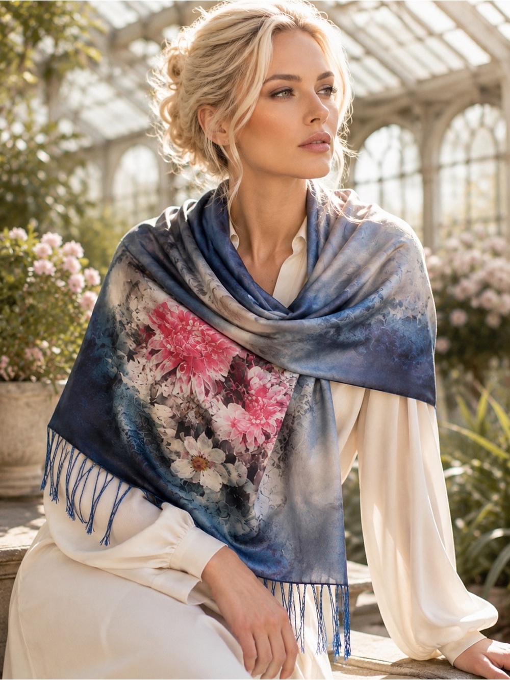 Story of Shanghai 100% Natural Mulberry Silk Floral Fringe Scarf Wrap OS NWT